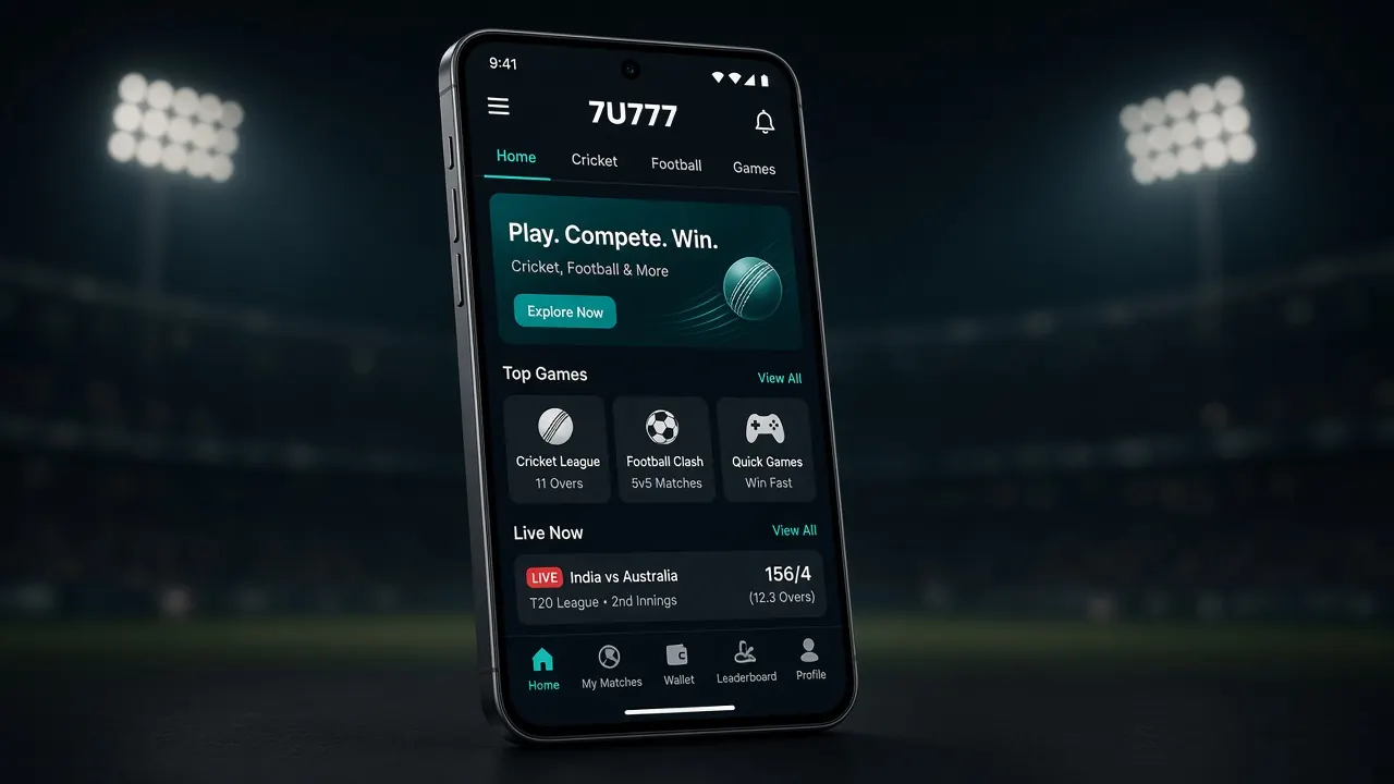 7U777 guide on a mobile phone, with the app on screen and stadium lights behind